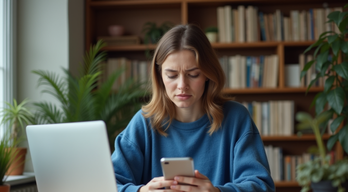 Jeune femme stressée regardant son téléphone dans un bureau cosy