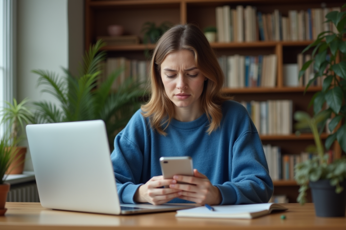 Jeune femme stressée regardant son téléphone dans un bureau cosy