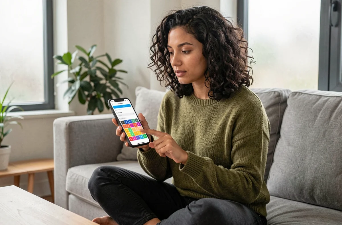 Femme découvrant les options cachées de Sutom sur smartphone, assise dans un salon moderne avec plantes et canapé gris
