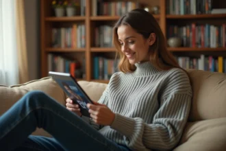 Femme consultant le site 1 Jour 1 Film sur une tablette depuis son canapé