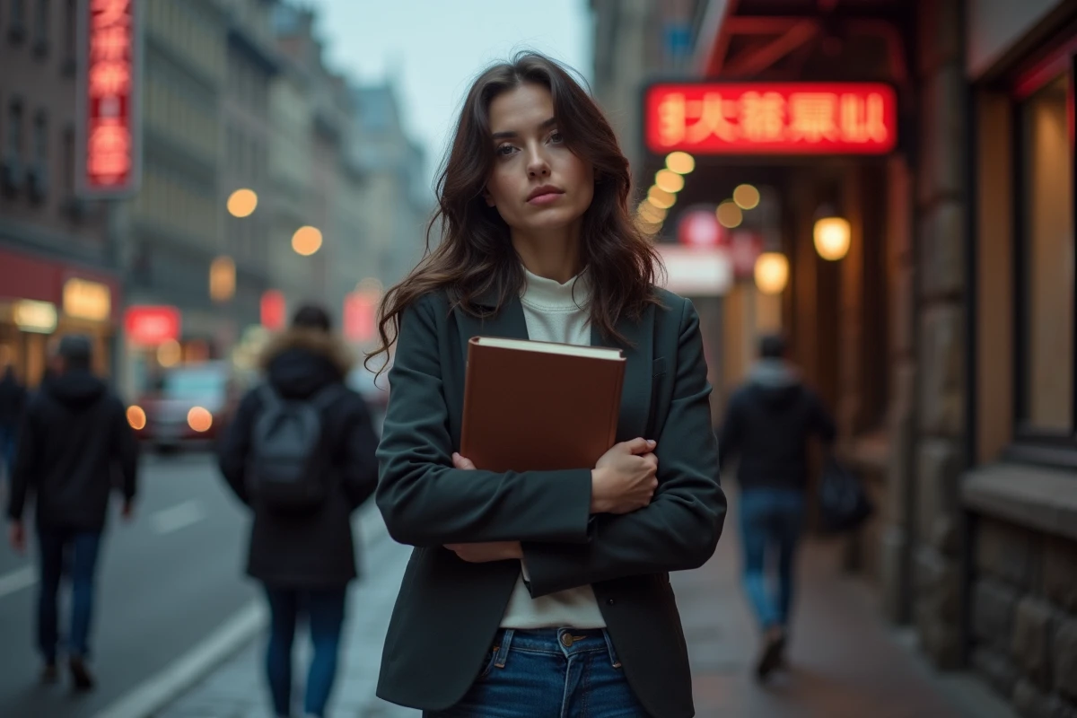 Femme contemplative dans la rue en soirée