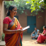 Politique démographique nationale de l’Inde : enjeux et actions gouvernementales Femme indienne en sari coloré lors d'une enquête rurale