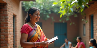 Femme indienne en sari coloré lors d'une enquête rurale