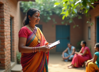 Politique démographique nationale de l’Inde : enjeux et actions gouvernementales Femme indienne en sari coloré lors d'une enquête rurale