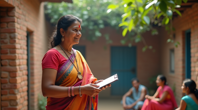 Politique démographique nationale de l’Inde : enjeux et actions gouvernementales Femme indienne en sari coloré lors d'une enquête rurale