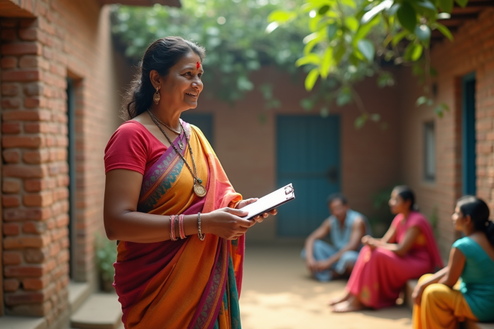 femme-village-survey-indien Femme indienne en sari coloré lors d'une enquête rurale