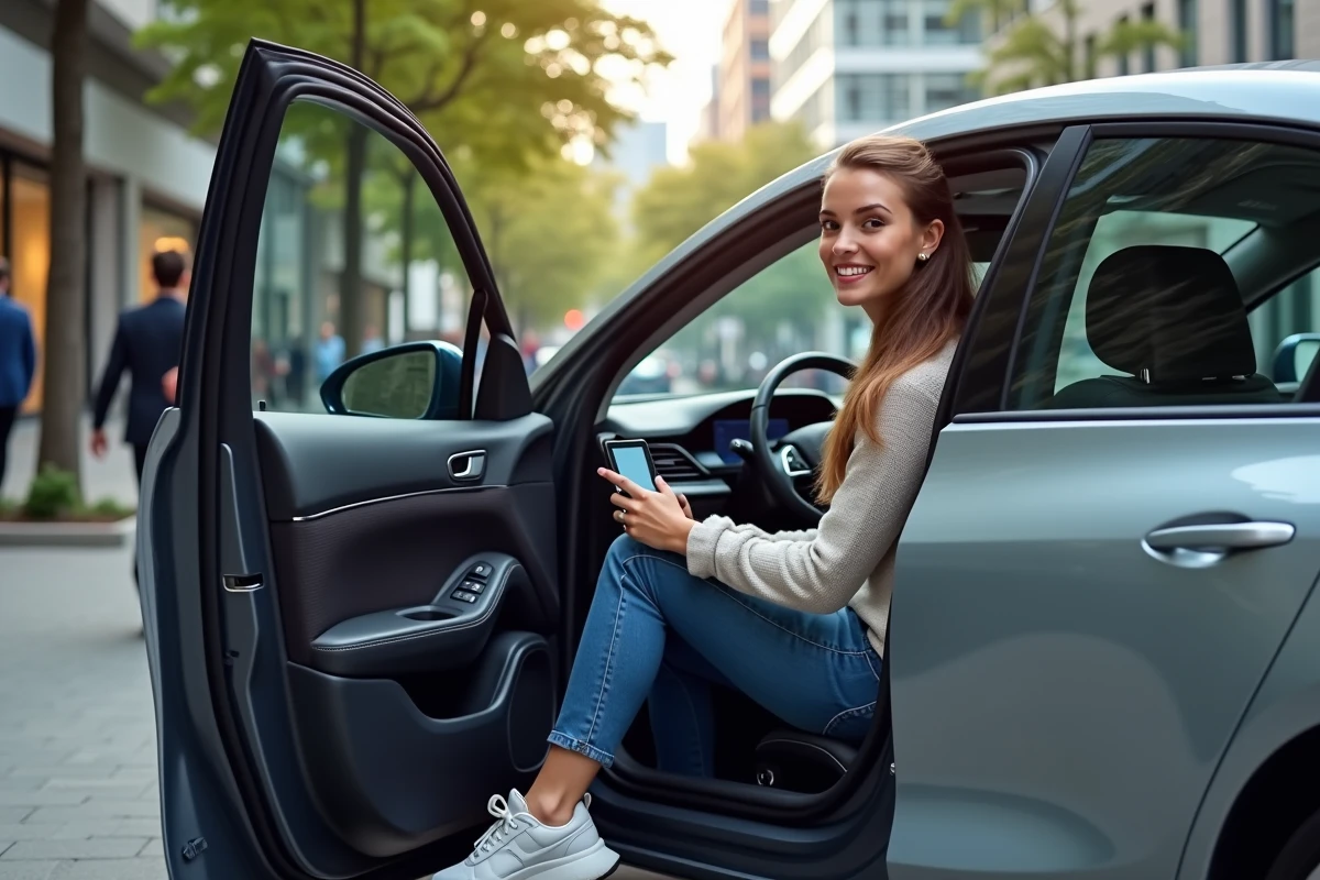 Jeune femme utilisant l infotainment dans une voiture électrique