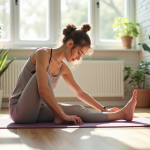 Jeune femme faisant du yoga dans un salon lumineux
