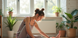 Jeune femme faisant du yoga dans un salon lumineux