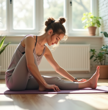 Jeune femme faisant du yoga dans un salon lumineux