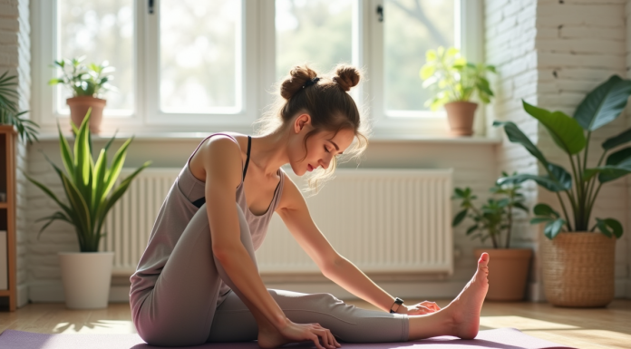 Jeune femme faisant du yoga dans un salon lumineux