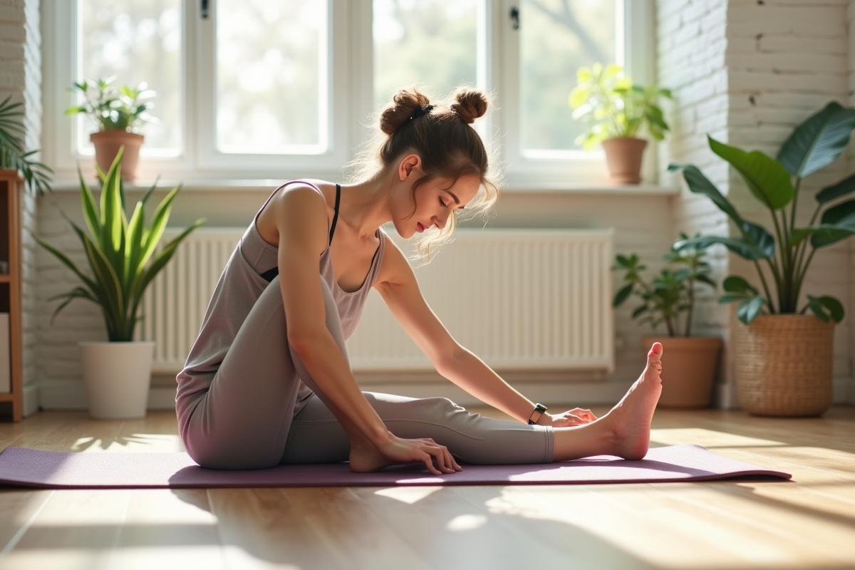 Jeune femme faisant du yoga dans un salon lumineux