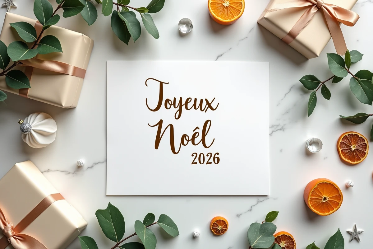 Flat lay chic de Noël 2026 avec carte Joyeux Noël manuscrite, cadeaux emballés et décorations élégantes sur marbre blanc