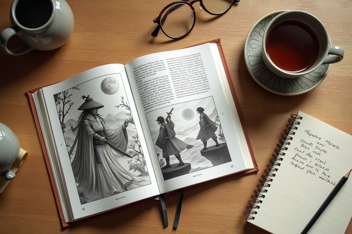 Vue de dessus d'un manhua ouvert sur une table en bois avec notes de lecture et tasse de thé