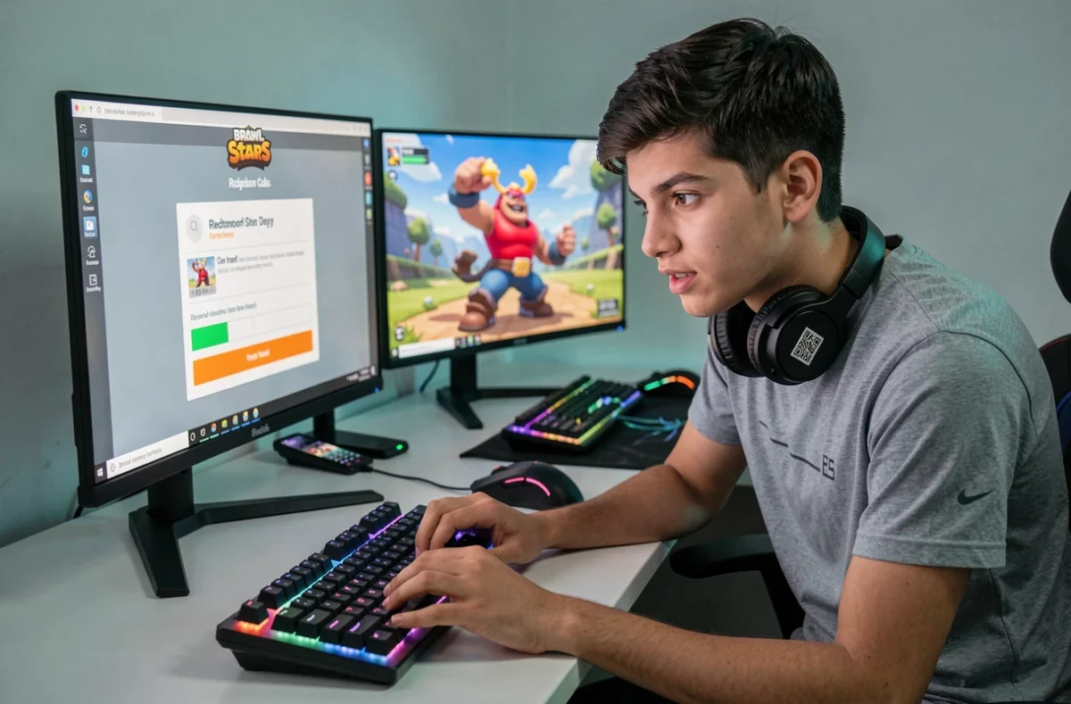 Jeune gamer saisissant un code Brawl Stars 2026 sur son ordinateur avec un QR code sur son téléphone
