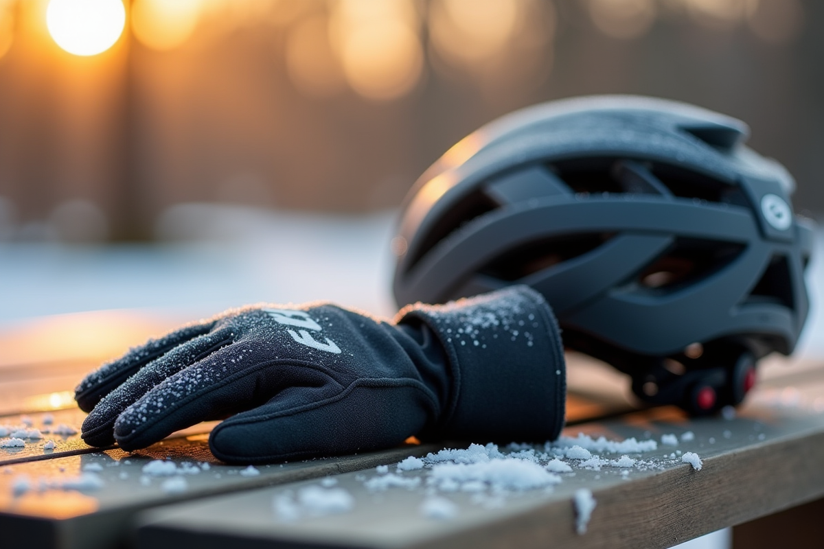 Gants Ekoï hiver sur banc avec casque au matin