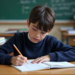 Moyenne générale 5e en France : calcul, évaluation, tendances Garçon français en classe concentré sur ses notes de maths