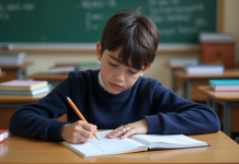 Garçon français en classe concentré sur ses notes de maths