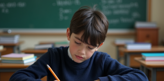 Garçon français en classe concentré sur ses notes de maths