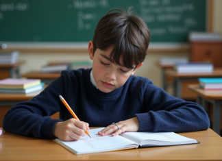 Moyenne générale 5e en France : calcul, évaluation, tendances Garçon français en classe concentré sur ses notes de maths