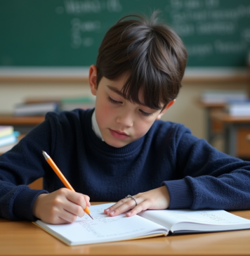Moyenne générale 5e en France : calcul, évaluation, tendances Garçon français en classe concentré sur ses notes de maths