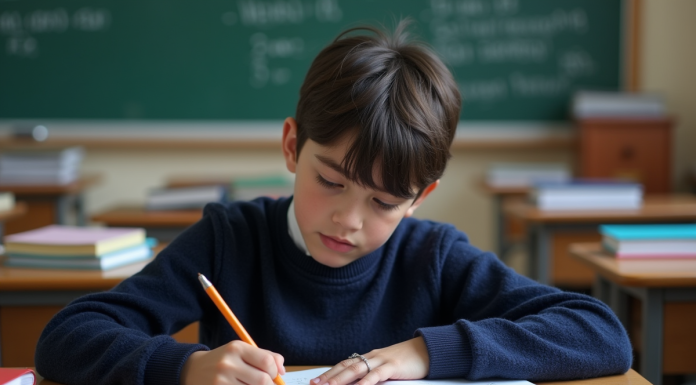 Moyenne générale 5e en France : calcul, évaluation, tendances Garçon français en classe concentré sur ses notes de maths
