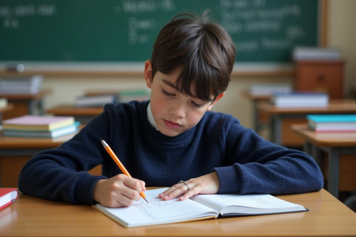 Garçon français en classe concentré sur ses notes de maths