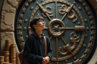 Jeune garçon avec lunettes devant une porte de coffre ancien