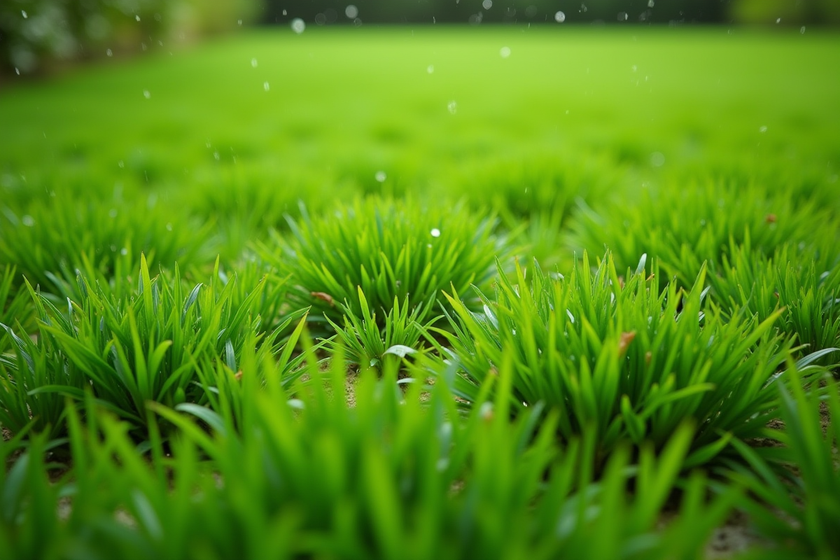 Gazon vert avec mauvaises herbes après la pluie en journée