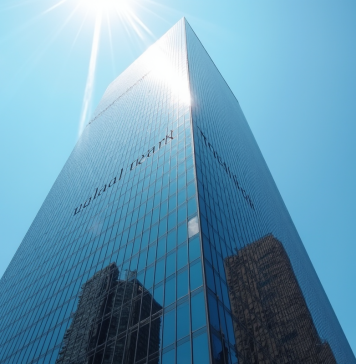 Gratte-ciel moderne avec logo bancaire en reflet urbain