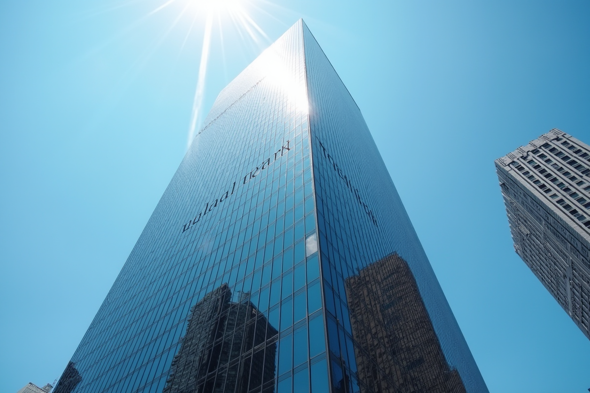 Gratte-ciel moderne avec logo bancaire en reflet urbain