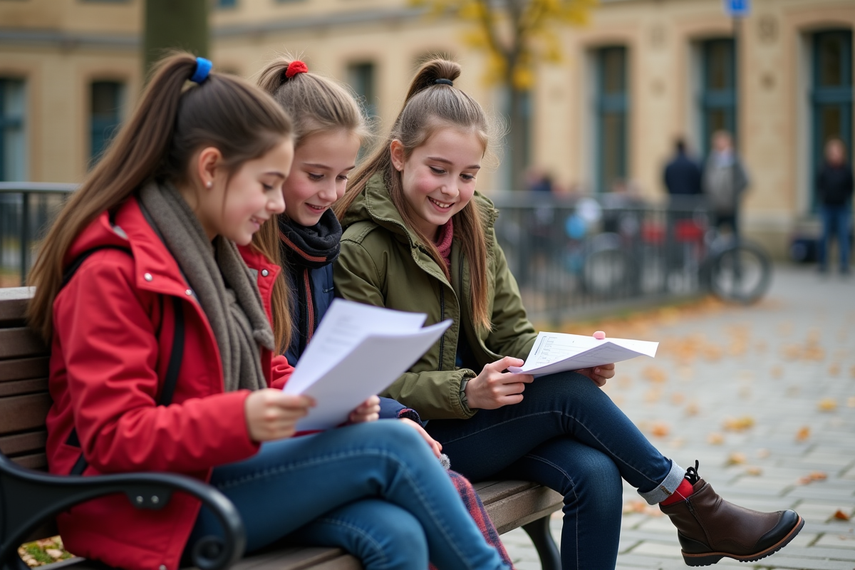 Trois élèves français discutant de leurs notes dans un parc