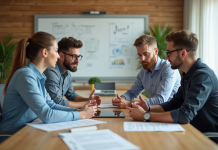 Objectifs collaboratifs : définir leur importance pour la réussite Groupe de quatre adultes en réunion de travail moderne