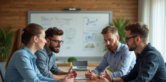 Objectifs collaboratifs : définir leur importance pour la réussite Groupe de quatre adultes en réunion de travail moderne