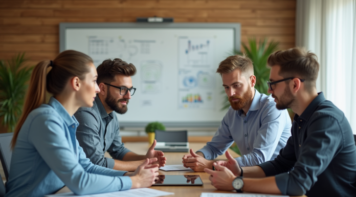 Objectifs collaboratifs : définir leur importance pour la réussite Groupe de quatre adultes en réunion de travail moderne