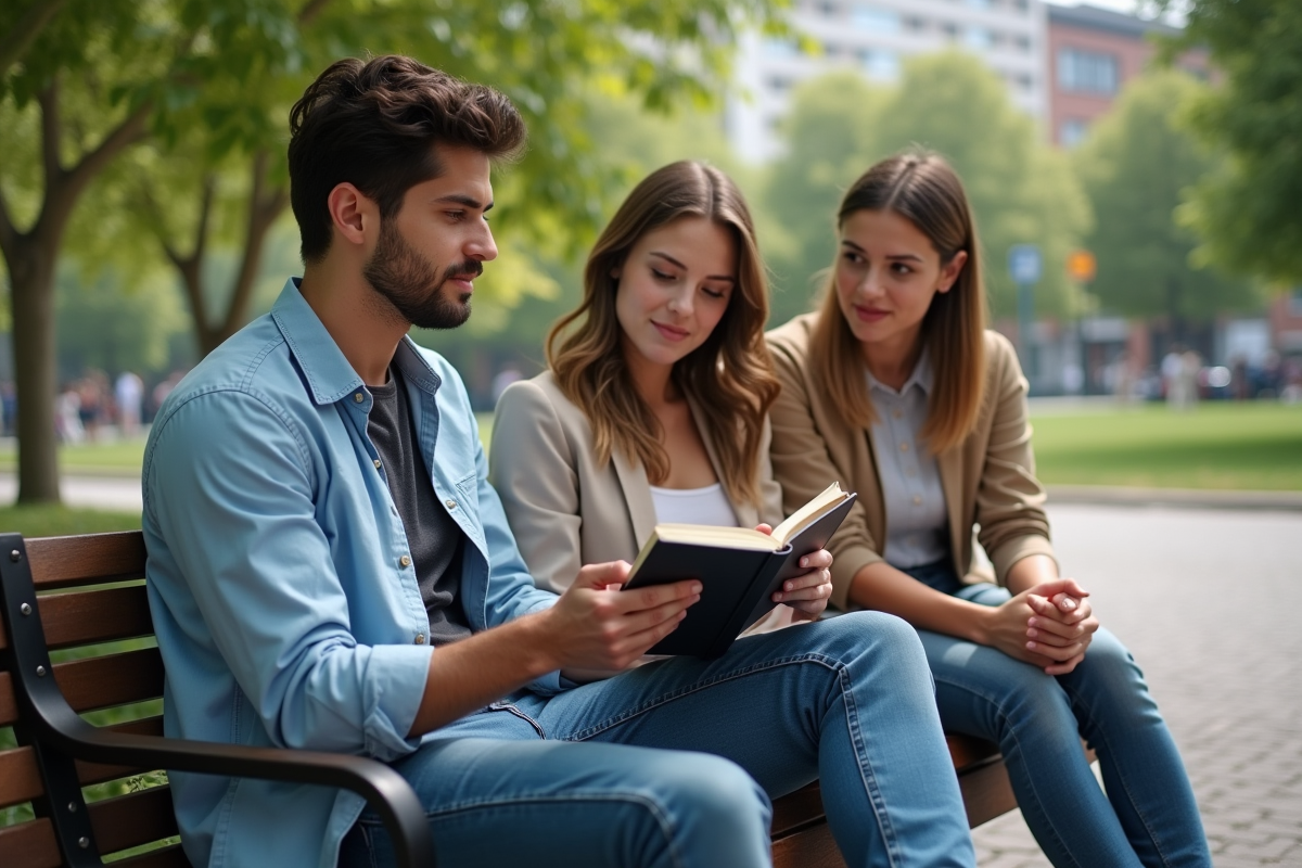 Groupe de jeunes discutant autour d un dictionnaire dans un parc