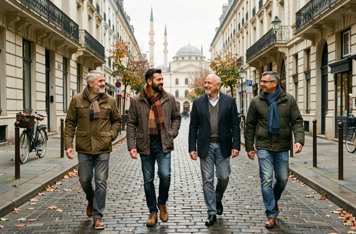 Groupe d'hommes musulmans se rendant à la salat Al-Jumu'a dans les rues d'Orléans