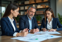 Groupe de professionnels discutant des rapports ESG en réunion