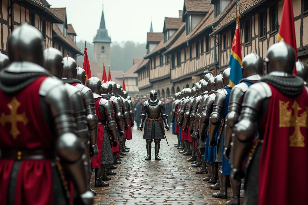 Deux groupes de guerriers en armure dans une place médiévale