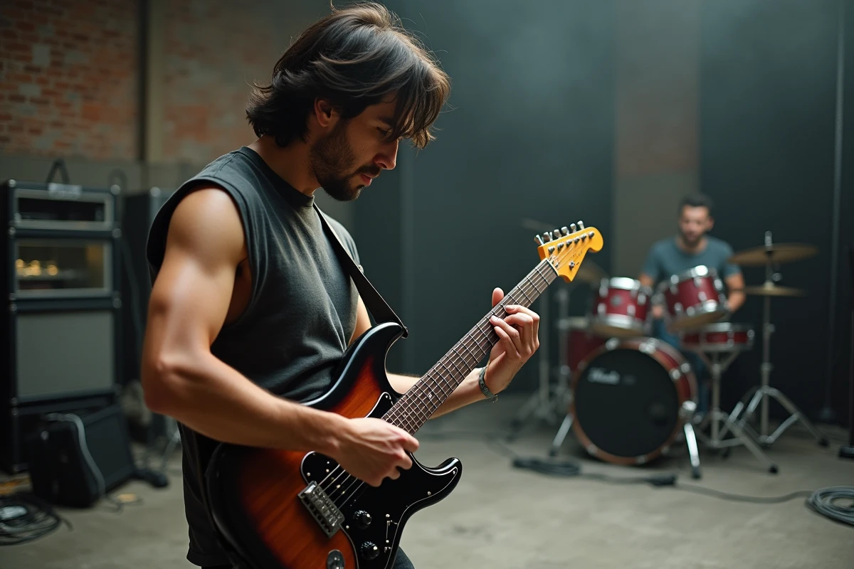 Guitariste en répétition dans un espace industriel avec murs en briques, concentré sur son jeu de guitare électrique