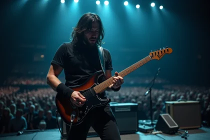 Guitariste de rock aux longs cheveux noirs jouant sur scène lors d'un grand concert, ambiance années 90, foule en arrière-plan flou