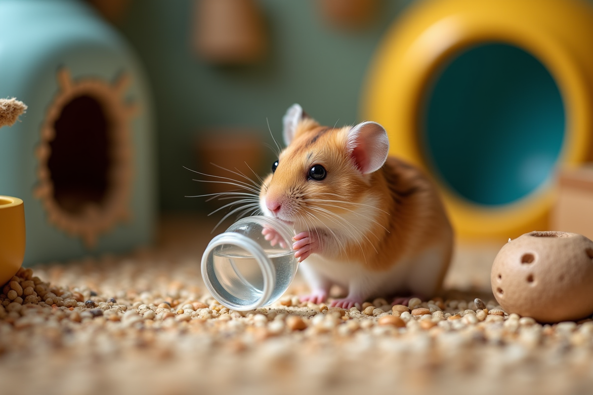 Hamster russe buvant calmement dans son enclos propre