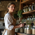 Femme herboriste dans une boutique ancienne en pierre