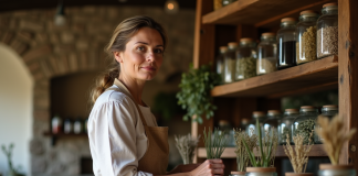 Herboristerie authentique : qu’en est-il vraiment ? Femme herboriste dans une boutique ancienne en pierre