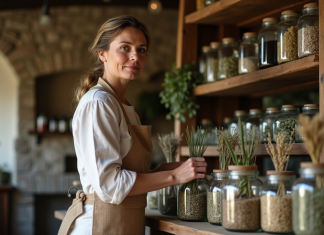 Femme herboriste dans une boutique ancienne en pierre
