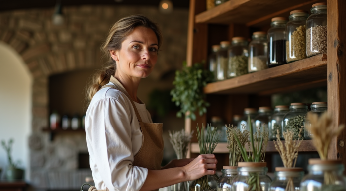 Femme herboriste dans une boutique ancienne en pierre
