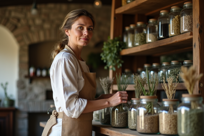 Femme herboriste dans une boutique ancienne en pierre