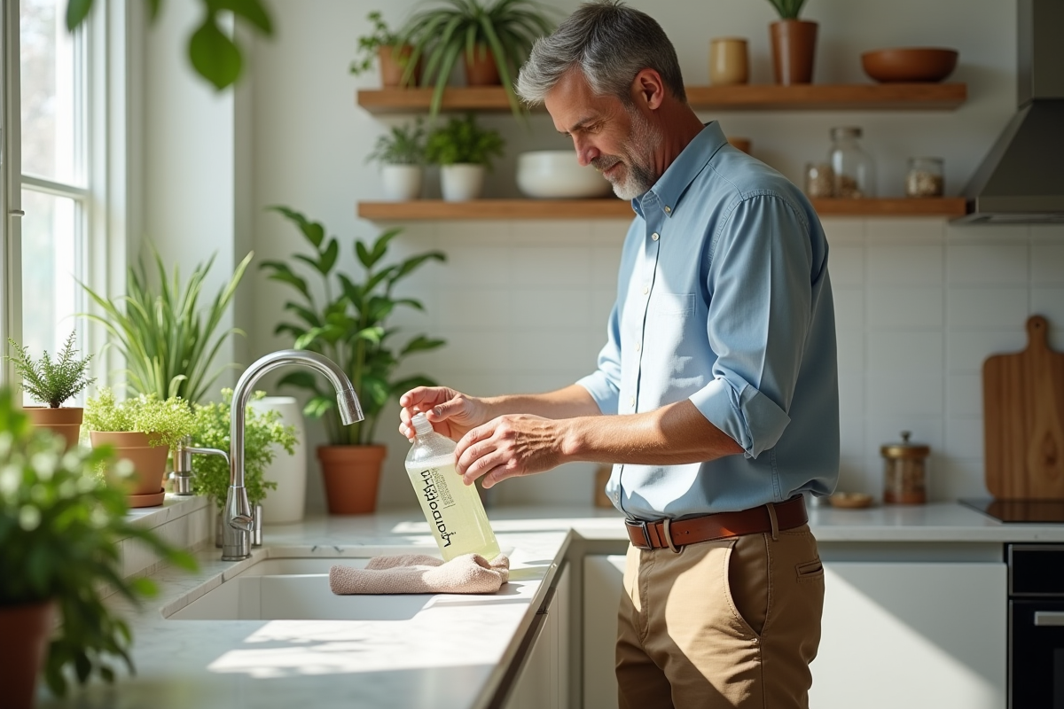 Homme versant un nettoyant maison sur un chiffon dans la cuisine