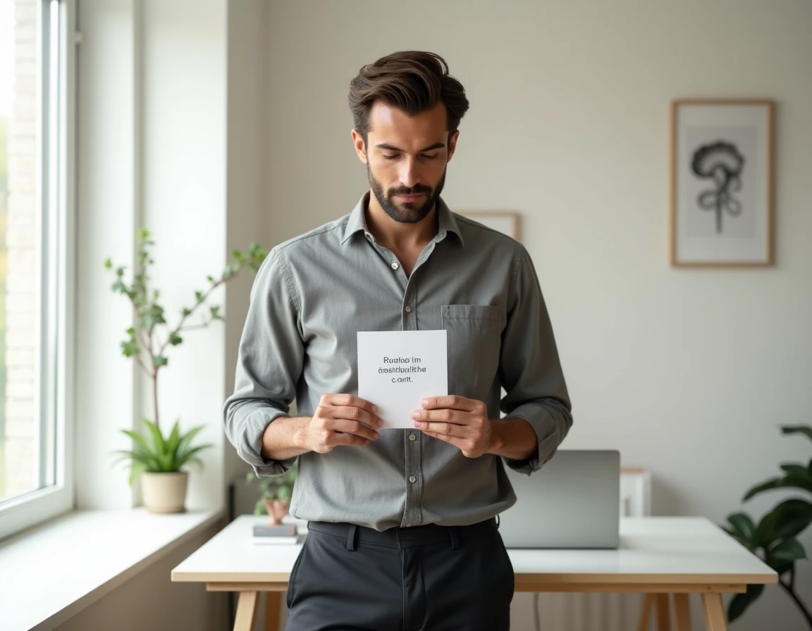 Homme lisant une carte d'affirmation positive dans un bureau minimaliste, transformation des pensées négatives