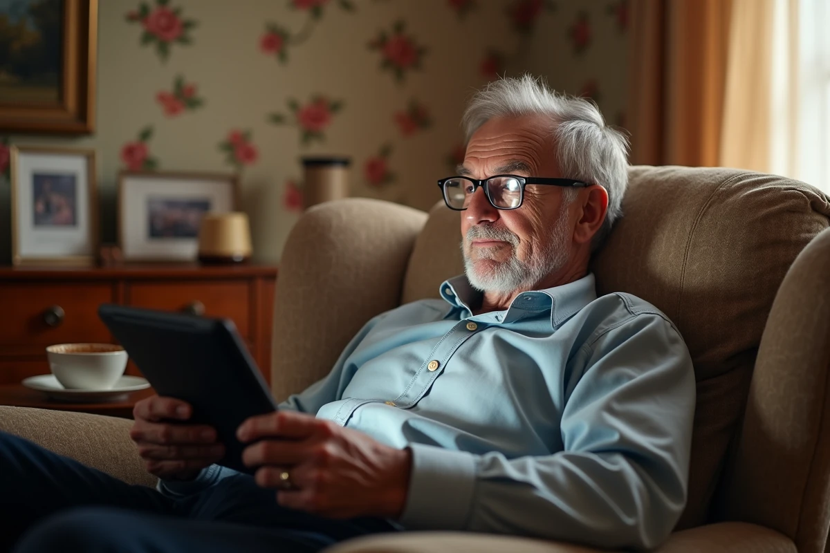 Homme âgé souriant avec perplexité devant un GIF d'anniversaire animé sur une tablette dans son salon